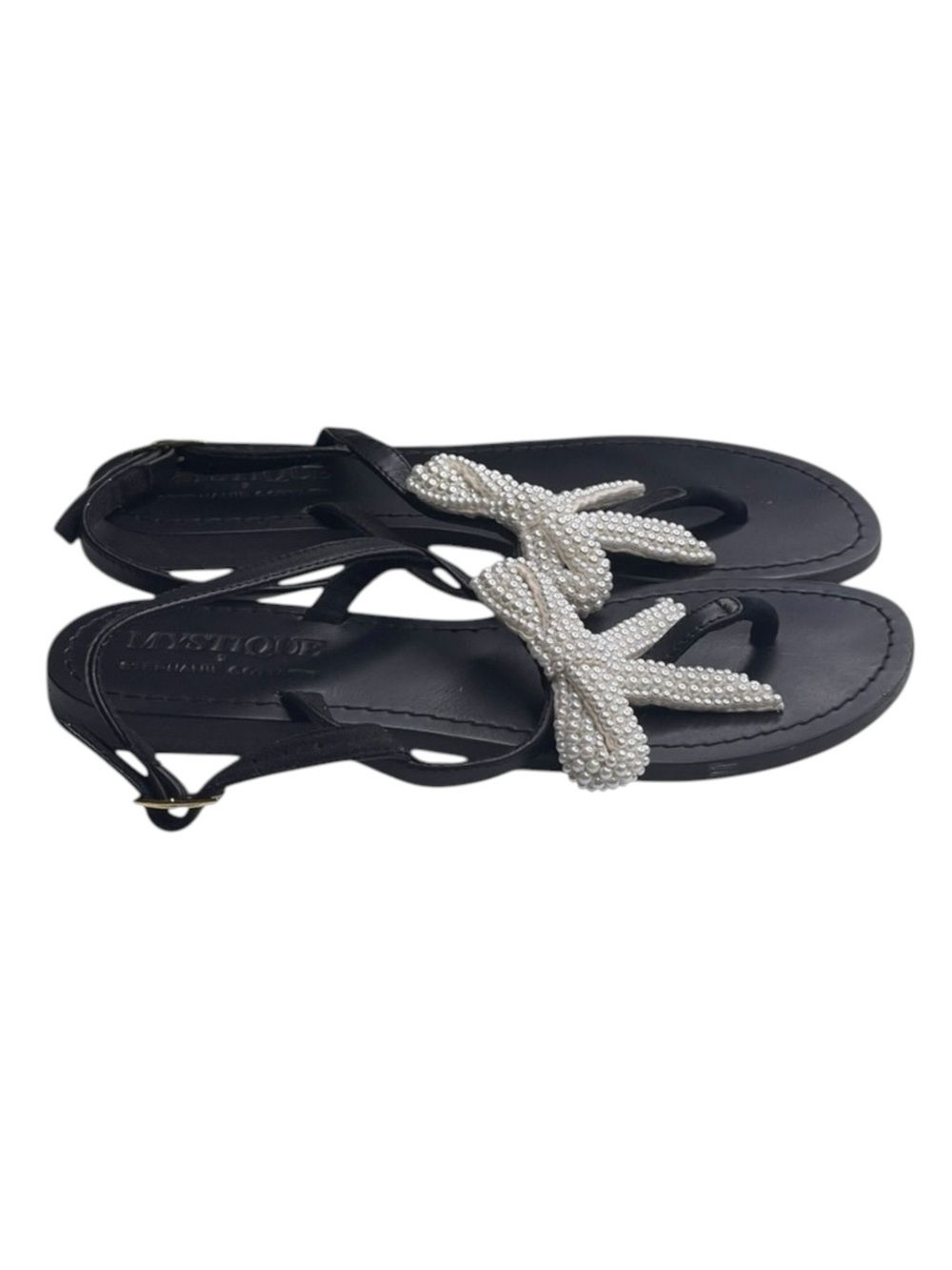 Mystique x Stephanie Gottlieb 𞠬 Liza Pearl Bow Flat Sandals 𞠬 Black Leather 𞠬 - Picture 3 of 16